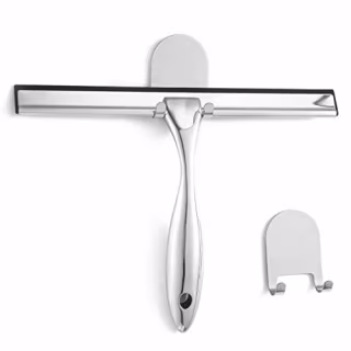 VELIMAX Premium 18/8 Stainless Steel Shower Squeegee for Shower Doors with 2 Hooks All-Purpose Glass Squeegee for Bathroom, Shower Doors, Car Windows - Silver, 12 Inches