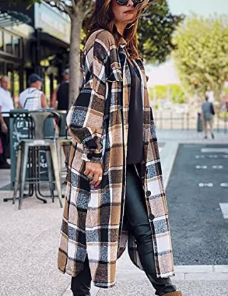 Peaceglad Women's Lounge Lapel Button Up Long Sleeve Plaid Long Shirt Jacket Shacket(Brown,L)