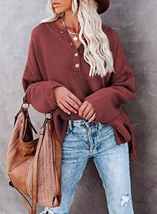Shewin Waffle Knit V-Neck Sweater