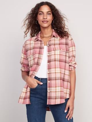 Long-Sleeve Plaid Flannel Boyfriend Tunic Shirt for Women