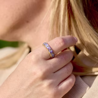 Forget-Me-Not Ring - Floral Band With Light Blue Flowers and Gold/Silver/Copper Flakes - Resin Jewelry - Faceted Ring with Tiny Flowers
