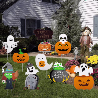 HOOJO Halloween Yard Stake Signs Decorations Outdoor 9 Pcs,Halloween Props Trick Or Treat Sign for Garden, Lawn, Yard Decorations Outside