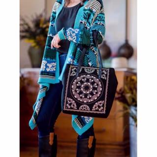Printed Women's Black Faux Suede Tote Handbag