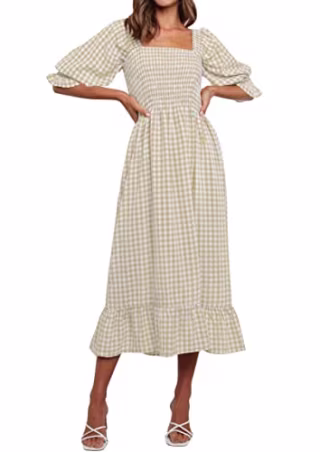 ZESICA Plaid Square Neck Midi Dress