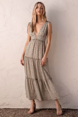 Lulu's Beige Floral Maxi Dress