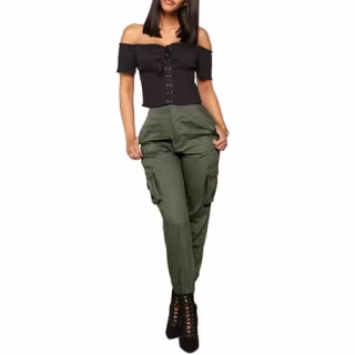 Sunisery Women's Cargo Pants High Waist Solid Harem Pants Loose Trousers Slim Fit Jogger Pants  with Pockets