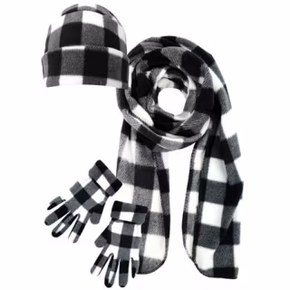 Black &amp; White Plaid Print Fleece Scarf Glove &amp; Hat Set