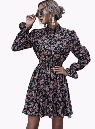 Long Sleeve Floral Print Ruffle Short Dress