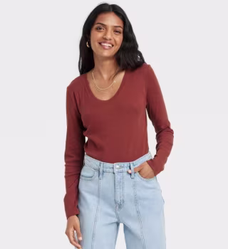 Long Sleeve Ribbed Scoop Neck T-Shirt