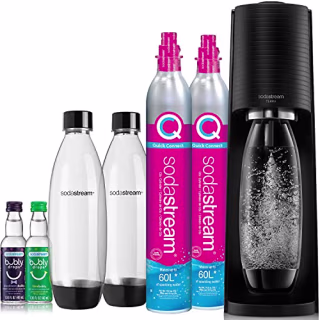 SodaStream Terra Sparkling Water Maker Bundle (Black), with CO2, DWS Bottles, and Bubly Drops Flavors
