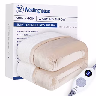 Westinghouse Heated Blanket, Electric Throw with 6 Heating Levels, 4 Hour Auto Off, Overheat Protection, Machine Washable, Sherpa & Flannel (Throw, 50x60 Inches, Ivory)