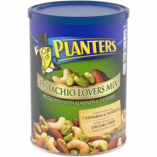 PLANTERS Pistachio Lover's Mix, 1.25 lb. Resealable Canister - Deluxe Pistachio Mix: Pistachios, Almonds & Cashews Roasted in Peanut Oil with Sea Salt - Kosher, Savory Snack