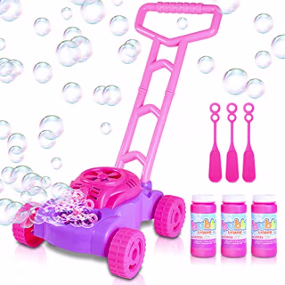 ArtCreativity Pink and Purple Bubble Lawn Mower for Toddlers | Electronic Bubble Blower Machine | Fun Bubbles Blowing Push Toys for Kids | Bubble Solution Included | Christmas Birthday Gift for Girls