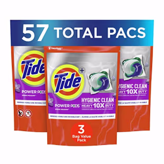 Tide Pods Hygienic Clean Heavy 10x Duty Power Pods Laundry Detergent Pacs, Spring Meadow, Blue, 3 Pack, 57 Count