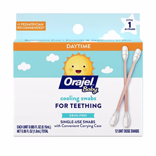 Orajel Baby Daytime Cooling Swabs for Teething, Drug-Free, #1 Pediatrician Recommended Brand for Teething*, 12 Swabs in Carrying Case