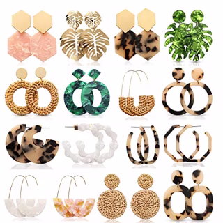 LANTAI 16 Pairs Trendy Acrylic Earrings Rattan Earrings for Women-Summer Beach Straw Woven Earrings Resin Leaf Dangle Drop Earrings Geometric Statement Earrings Vacation Jewelry