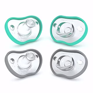 Nanobebe Baby Pacifiers 0-3 Month - Orthodontic, Curves Comfortably with Face Contour, Award Winning for Breastfeeding Babies, 100% Silicone - BPA Free. Baby Registry Gift 4pk,Teal/Grey