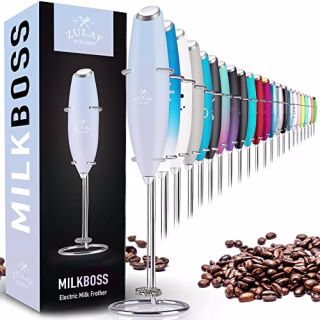 Zulay Original Milk Frother Handheld Foam Maker for Lattes - Whisk Drink Mixer for Coffee, Mini Foamer for Cappuccino, Frappe, Matcha, Hot Chocolate by Milk Boss (Cloud)