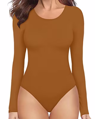 MANGOPOP Women's Round Collar Clothing Short Sleeve Long Sleeve Tops T Shirt Bodysuit (Long Sleeve Camel, Small)