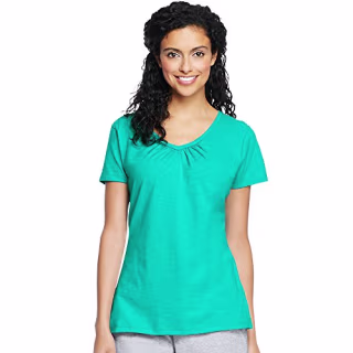 Hanes Women's Shirred V-Neck T-Shirt, Eco Teal, XX-Large