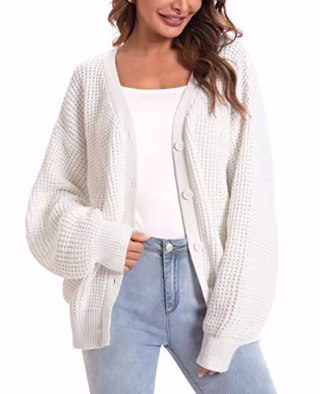 QUALFORT Women's Cardigan Sweater 100% Cotton Button-Down Long Sleeve Oversized Knit Cardigans Off White Small