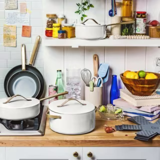 Beautiful 12pc Ceramic Non-Stick Cookware Set, White Icing, by Drew Barrymore