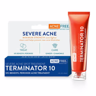 Acne Free Terminator 10 Acne Spot Treatment with Benzoyl Peroxide 10% Maximum Strength Acne Cream Treatment, 1 Ounce - Pack Of 1