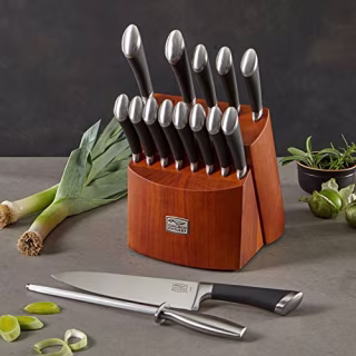 Chicago Cutlery Fusion 17 Piece Kitchen Knife Set with Wooden Storage Block, Cushion-Grip Handles with Stainless Steel Blades that Resists Stains, Rust, and Pitting