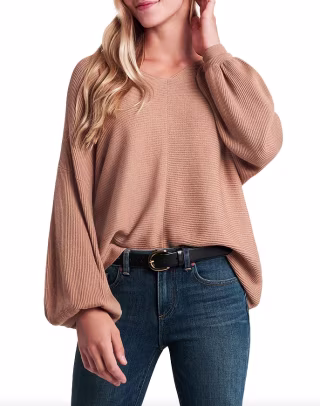 1.STATE Ribbed Balloon Sleeve Cotton Blend Sweater