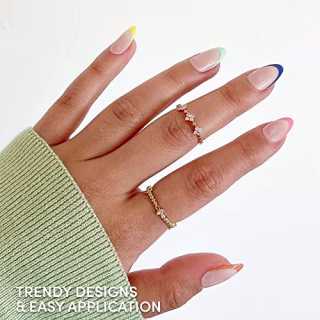 Glamnetic Press On Nails - Sprinkles | Rainbow French Tip Nails, UV Finish Short Pointed Almond Shape, Reusable Semi-Transparent Nails in 12 Sizes - 24 Nail Kit with Glue