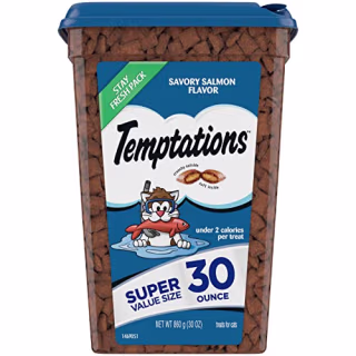TEMPTATIONS Classic Crunchy and Soft Cat Treats Savory Salmon Flavor, 30 oz. Tub, Makes a Great Holiday Cat Treat
