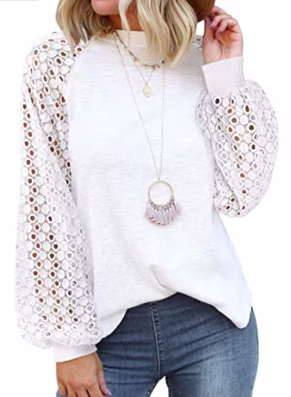 MIHOLL Women's Lace Long Sleeve Tops Casual Loose Blouse Shirts (White, Medium)