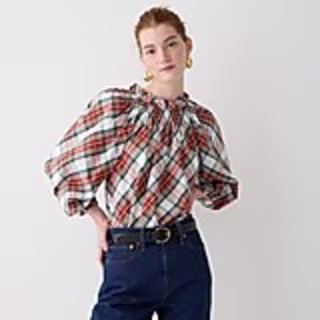Smocked-neck cotton poplin top in Snowy Stewart tartan