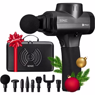 LifePro Sonic Handheld Percussion Massage Gun - Deep Tissue Massager for Sore Muscle and Stiffness - Quiet, 5 Speed High-Intensity Vibration - Quick Rechargeable Device - Includes 8 Massage Heads