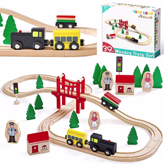 Tiny Land Wooden Train Set for Toddler - 39 Piece- with Wooden Tracks Fits Thomas, Brio, Chuggington, Melissa and Doug- Expandable, Changeable-Train Toy for 3 4 5 Years Old Girls & Boys