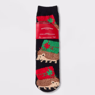 Women's Holiday Hedgehogs Cozy Crew Socks with Gift Card Holder