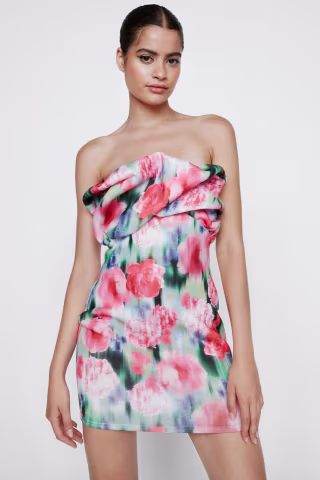 Blurred Floral Print Bandeau Ruffle Mini Dress by Nasty Gal