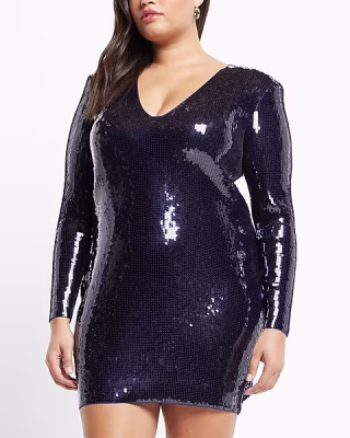 Sequin V-Neck Strong Shoulder Mini Sheath Dress from Express