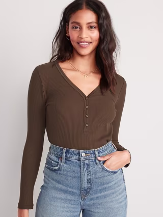 Fitted Long-Sleeve Rib-Knit Henley Top for Women