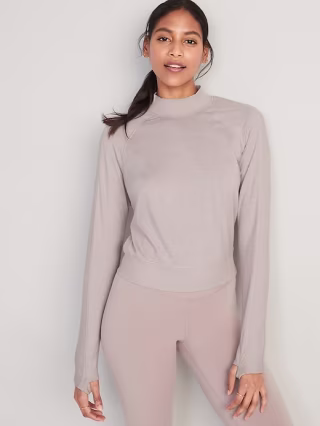 CozeCore Mock-Neck Cropped Rib-Paneled Top