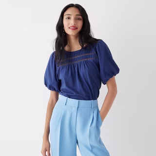 Lace-trim puff-sleeve T-shirt