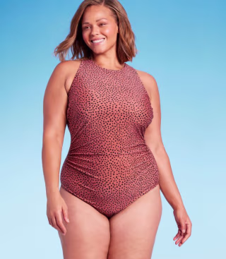 Spotted Print High Neck Ruched Swimsuit
