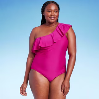Women's Ruffle One Shoulder Full Coverage One Piece Swimsuit - Kona Sol(TM) Pink