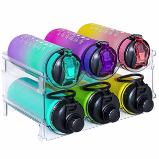 Water Bottle Organizer for Cabinet, 2 Packs Stackable Plastic Water Bottle Holder, Wine Racks for Kitchen Fridge Pantry Organization and Storage,Tumbler Travel Cup Holder and Organizer