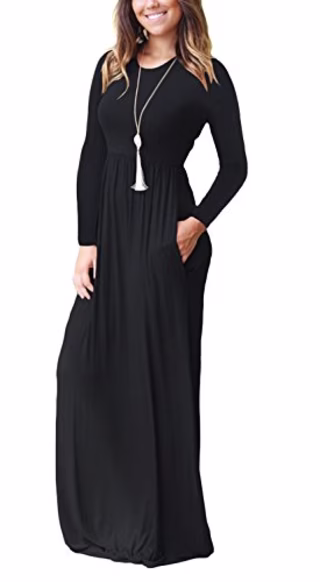 GRECERELLE Women's Round Neck Long Sleeves A-line Casual Maxi Dresses with Pockets Black-X-Large