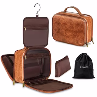 Elviros Travel Toiletry Bag for Men and Women, Large Hanging Leather Makeup Bags Organizer, 2 in 1 Water-resistant Cosmetic Case for Bathroom Toiletries Accessories (Brown)