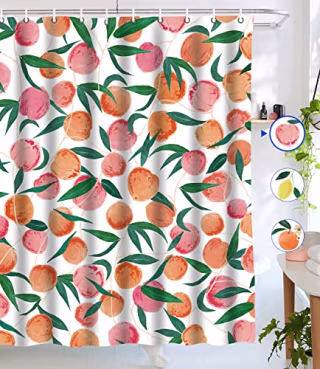 Lifeel Peach Shower Curtains, Allover Fruits Shower Curtain Cute Bright Colorful Design Waterproof Fabric Bathroom Shower Curtain Set with 12 Hooks, Peachy Pink 72"x72"