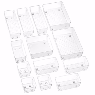 SMARTAKE 13-Piece Drawer Organizers with Non-Slip Silicone Pads, 5-Size Desk Drawer Organizer Trays Storage Tray for Makeup, Jewelries, Utensils in Bedroom Dresser, Office and Kitchen, Clear