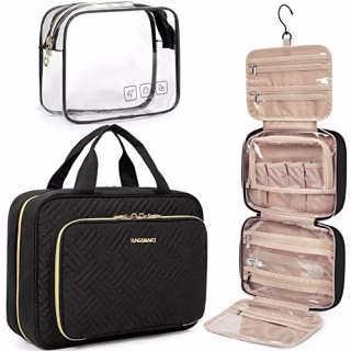 BAGSMART Toiletry Bag Hanging Travel Makeup Organizer with TSA Approved Transparent Cosmetic Bag Makeup Bag for Full Sized Toiletries, Large-Black
