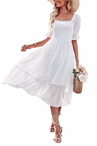 MEROKEETY Women's White Dress Summer Square Neck Puff Sleeve Boho Midi Dress Swiss Dot Ruffle Flowy Tie Back Dress, White, M